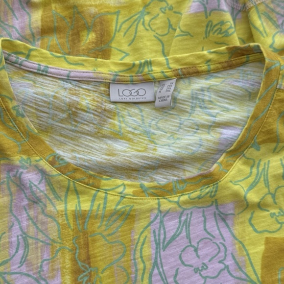 LOGO by Lori Goldstein Floral 3/4 Sleeve Tee Top Women's Plus 1X Yellow Blouse - Picture 3 of 3